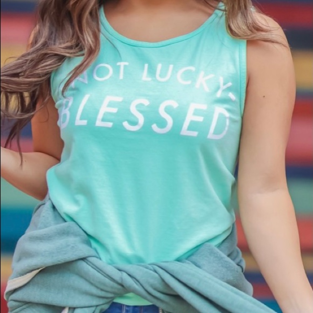 Not Lucky Blessed Mint Green Tank L